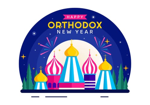 Happy Orthodox New Year Vector Illustration Celebrated on January 14, Featuring a Church and Fireworks in a Flat Cartoon Style Background