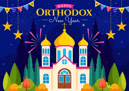 Happy Orthodox New Year Vector Illustration Celebrated on January 14, Featuring a Church and Fireworks in a Flat Cartoon Style Background