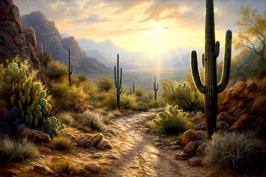 The landscape of a rocky desert. Mountains. The sun's rays break through the clouds. Road among various cacti and succulents. Saguaro cactus. AI illustration.