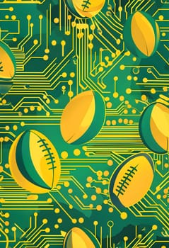 vibrant mix of abstract circuitry intertwined with rugby balls, representing AI role in personalized sports training