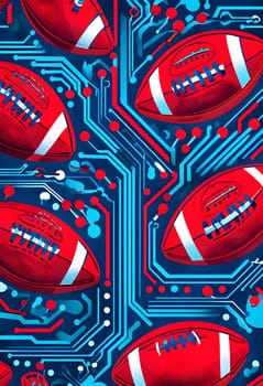 vibrant mix of abstract circuitry intertwined with rugby balls, representing AI role in personalized sports training