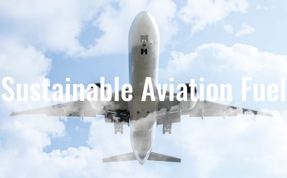 Sustainable aviation fuel concept. Net zero emissions flight. Sustainability transportation. Eco-friendly aviation fuel. Air travel. Future of flight with green innovation. Airplane use biofuel energy