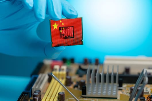 China's semiconductor industry with an electronic engineer showcasing a computer chip. Innovation, CPU and motherboard manufacturing, and the country's critical role in the electronics sector.