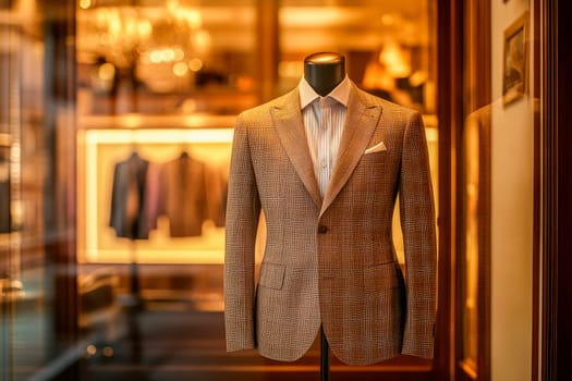 A male mannequin in the window of a fashion store, dressed in a luxury suit. AI generated