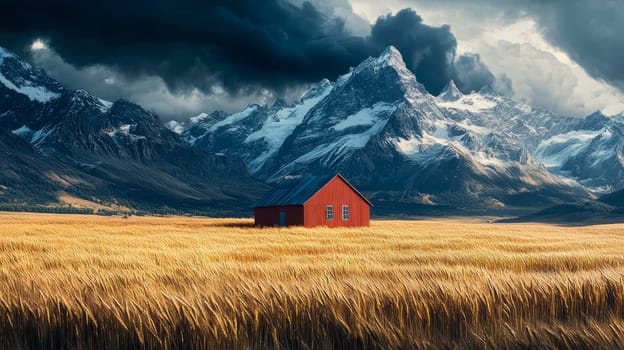A red house in the middle of a field of wheat with snow-capped mountains and dark clouds above. AI generated