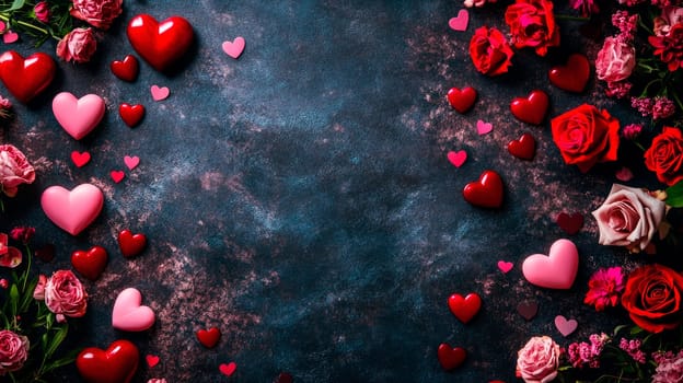 Red and pink hearts with flowers on a dark stone background. AI generated