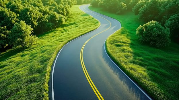 An empty winding road with yellow lines, surrounded by green forest. AI generated