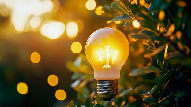 A glowing light bulb on a nature background. Creative ideas for save environment and sustainable. Eco energy concept. AI generated
