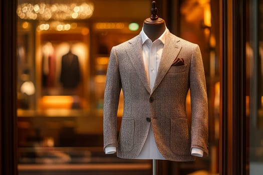 A mannequin in the window of a fashion store, dressed in a luxury suit. AI generated