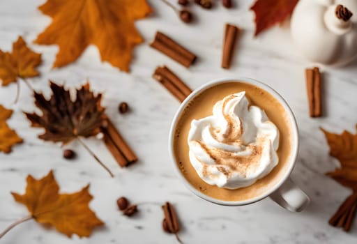 Fall Flavors: Pumpkin Spice Latte Surrounded by Autumn Leaves