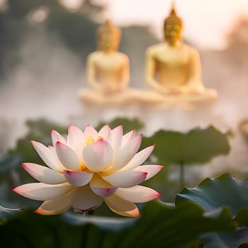 A soft-focus portrait of a white lotus in full bloom, its delicate petals exuding purity and grace. In the misty background, a faint golden Buddha statue is subtly visible, adding a spiritual depth to the composition. The gentle interplay of light and mist enhances the ethereal atmosphere, creating a harmonious blend of nature and divine presence.