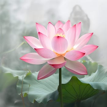 A side-angle shot of a pink lotus blossom in full bloom, surrounded by soft green leaves, capturing the delicate beauty of nature. In the misty background, Buddha’s serene smile is lightly sketched, adding a sense of peace and spiritual calm to the scene. The subtle fog enhances the tranquility of the moment, creating a serene blend of nature’s grace and divine presence.
