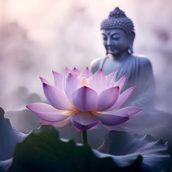 A close-up of a half-open lotus flower in soft lavender tones, its petals unfurling with grace and tranquility. Behind the delicate bloom, a Buddha figure is subtly visible through a veil of soft fog, evoking a sense of spiritual calm. This serene composition blends nature’s beauty with divine presence, creating a peaceful and reflective atmosphere.