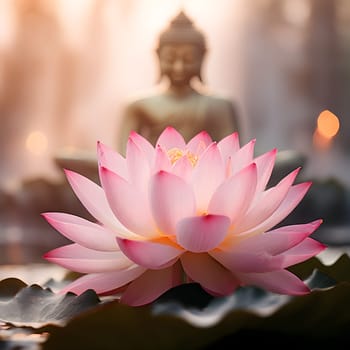 A tender close-up of a delicate lotus flower in soft pink tones, radiating grace and purity. In the faint background, a subtle silhouette of Buddha emerges, enhancing the image with a serene and meditative atmosphere. This composition beautifully intertwines the sacred symbolism of the lotus with the calm essence of spirituality.