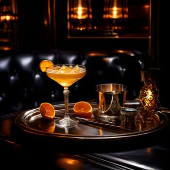 A Sidecar cocktail on a silver tray in a dimly lit speakeasy, showcasing a stylish Art Deco atmosphere.