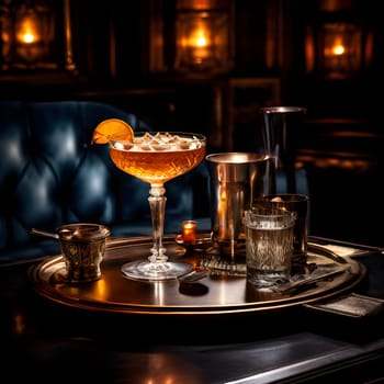 A Sidecar cocktail on a silver tray in a dimly lit speakeasy, showcasing a stylish Art Deco atmosphere.