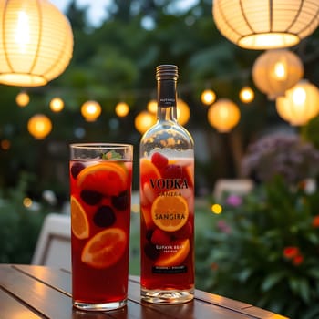 A vibrant vodka sangria infused with fresh fruits glows warmly under paper lanterns, nestled in a lush garden setting.