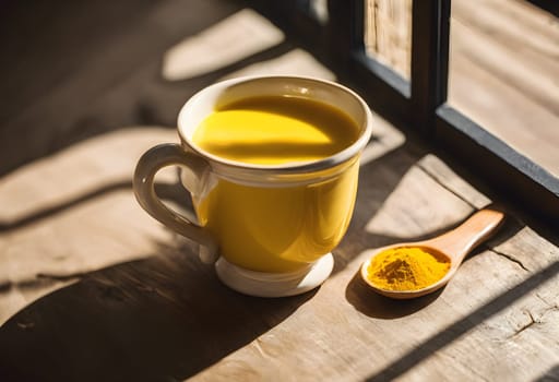 Natural Warmth: Turmeric Golden Milk and Sunlight in a Rustic Setting