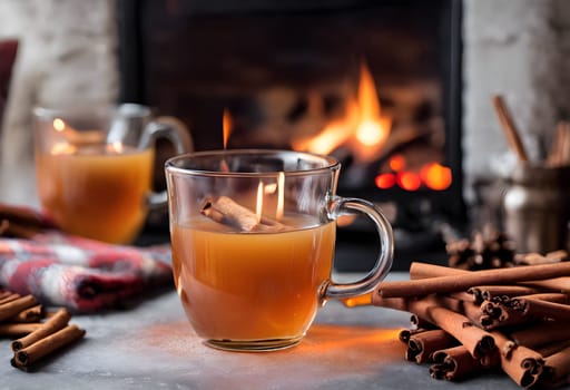 Steaming Hot Mulled Cider and Cinnamon by the Fireplace Glow