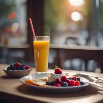 Soft Morning Glow on a Plate of Crepes with Berries and Whipped Cream