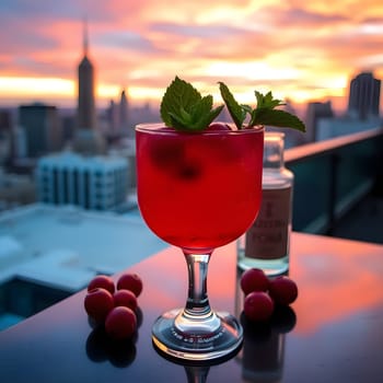 A vibrant vodka cranberry fizz with fresh mint sits elegantly on a rooftop bar, framed by a stunning sunset sky.