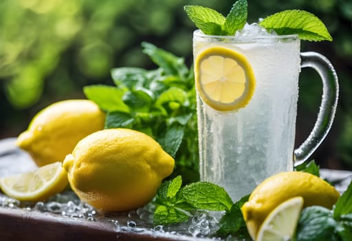 Chilled Lemonade and Fresh Mint in a Garden, Surrounded by Fresh Dewy Lemons