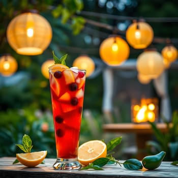 A vibrant vodka sangria infused with fresh fruits glows warmly under paper lanterns, nestled in a lush garden setting.