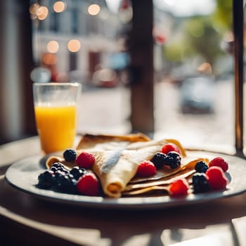 Serene Morning Light on Crepes with Fresh Berries and Juice
