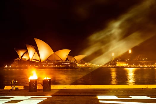 Warm night view of the opera house. Shooting Location: sydney, australia