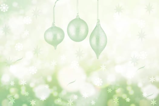Abstract blurred festive light green white winter christmas or Happy New Year background texture with shiny bokeh circles, snowflakes and stars. Card concept.