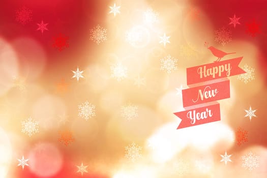 Happy New year card. Abstract festive elegant gold yellow glittering greeting card with bokeh circles, glowing christmas stars and the text.