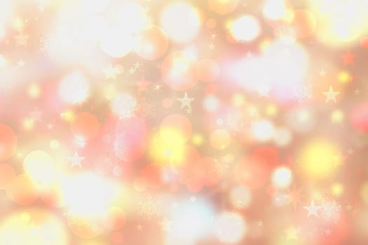A festive abstract delicate Happy New Year or Christmas background texture with colorful gold yellow pink blurred bokeh lights and stars. Space for design. Card concept or advertising.