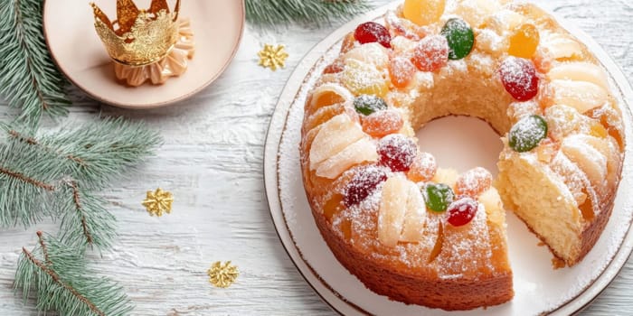Three kings holiday festive fruitcake topped with colorful candied fruits on a table, background, AI generated