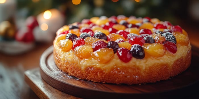 Bundt cake topped with colorful jelly candies on festive table, AI Generated