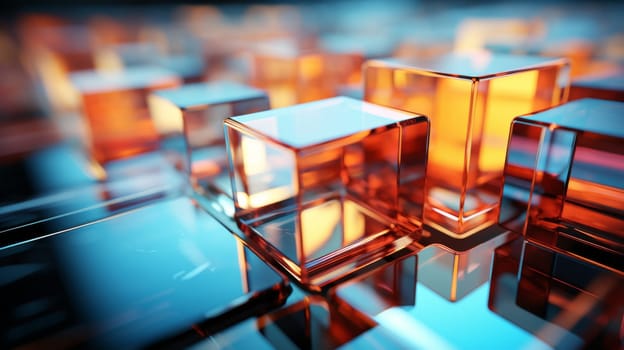 Abstract background of reflective neon purple, blue and orange glass cubes with copy space, AI generated