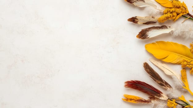 Nation indigenous peoples day concept, Colorful feather on minimslist color background, AI generated