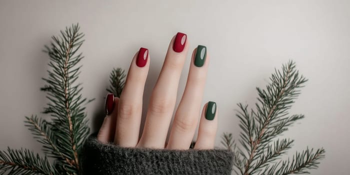 Creative Christmas female manicure with green nail polish and glitter detail, cozy winter theme, Christmas decoration background, AI Generated