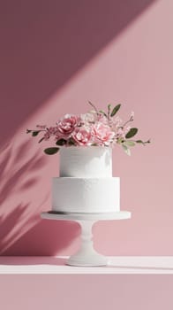 Wedding cake with beautiful flowers on solid pastel color background, copy space, AI Generated