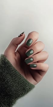Creative Christmas female manicure with green nail polish and glitter detail, cozy winter theme, Christmas decoration background, AI Generated