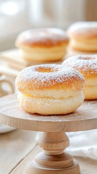 Donuts topped with powdered sugar on wooden platter, ideal dessert background, AI Generated