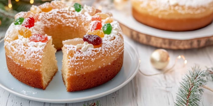 Three kings holiday festive fruitcake topped with colorful candied fruits on a table, background, AI generated