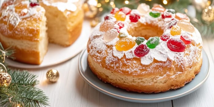 Three kings holiday festive fruitcake topped with colorful candied fruits on a table, background, AI generated