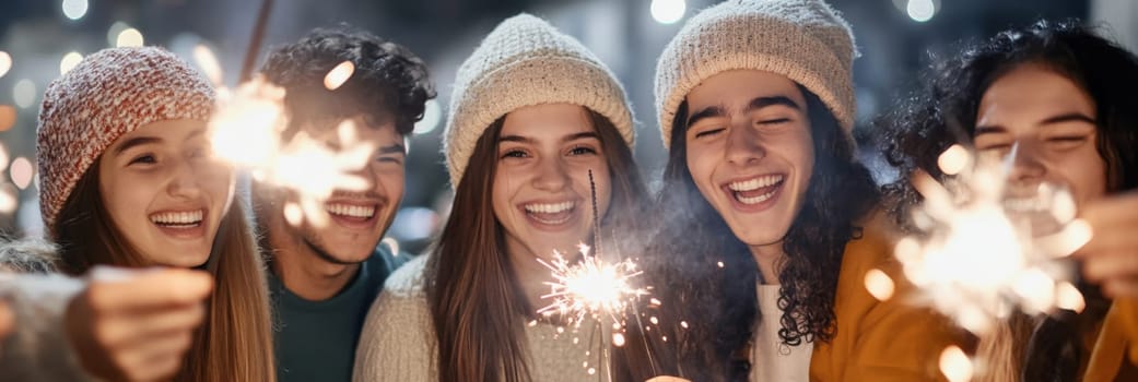 Group of young adults celebrating New Year with sparklers outdoors, joyful winter scene, AI generated