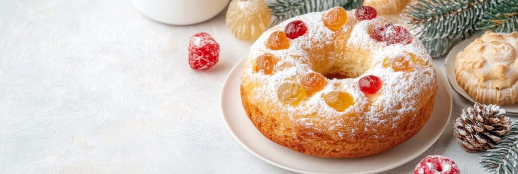 Three kings holiday festive fruitcake topped with colorful candied fruits on a table, background, AI generated