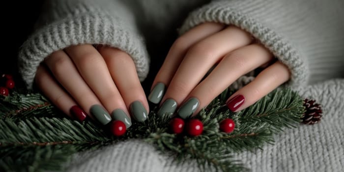 Creative Christmas female manicure with green nail polish and glitter detail, cozy winter theme, Christmas decoration background, AI Generated