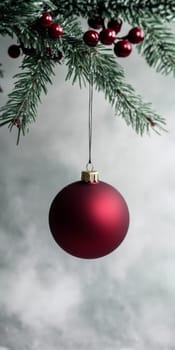 Red Christmas ornament hanging from Christmas tree branch, suitable for holiday backgrounds, AI generated