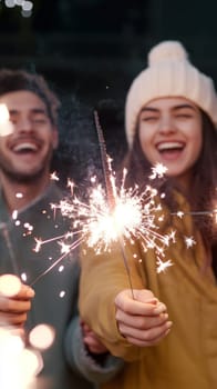 Group of young adults celebrating New Year with sparklers outdoors, joyful winter scene, AI generated