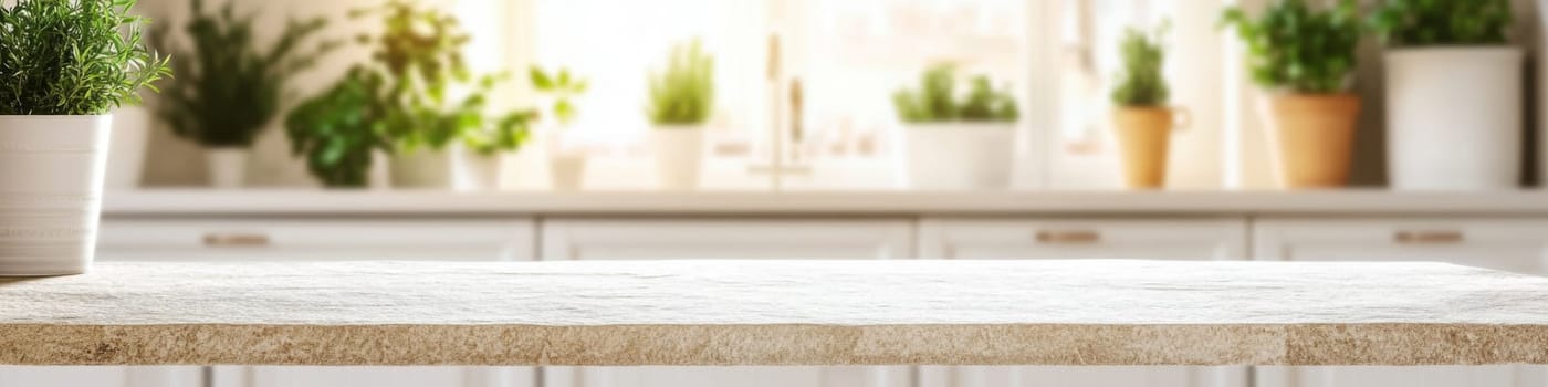 Empty stone table in bright home interior with large windows, banner mockup background with copy space, AI Generated