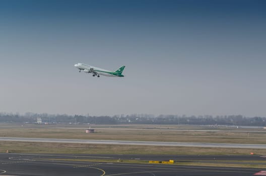 DUSSELDORF, NRW, GERMANY - MARCH 18, 2015:  Airbus A321 of Irak Airlines at startup on the Dusseldorf airport.