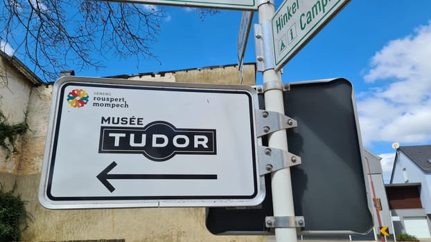 ROSPORT, LUXEMBOURG - APRIL 16, 2022: Rosport, Luxembourg - April 16, 2022: Tudor Museum, Rosport Castle, is located in the small town of Rosport in Luxembourg